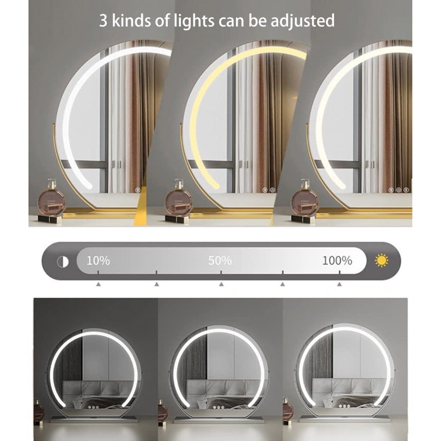 Silver Round Vanity Mirror - 60cm LED Light with 3 Color Modes, 360° Rotation