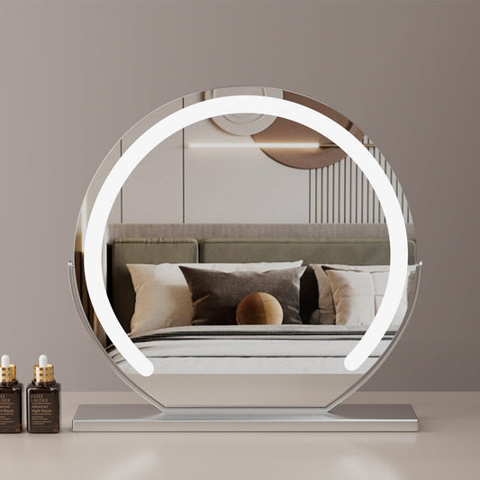 Silver Round Vanity Mirror - 60cm LED Light with 3 Color Modes, 360° Rotation