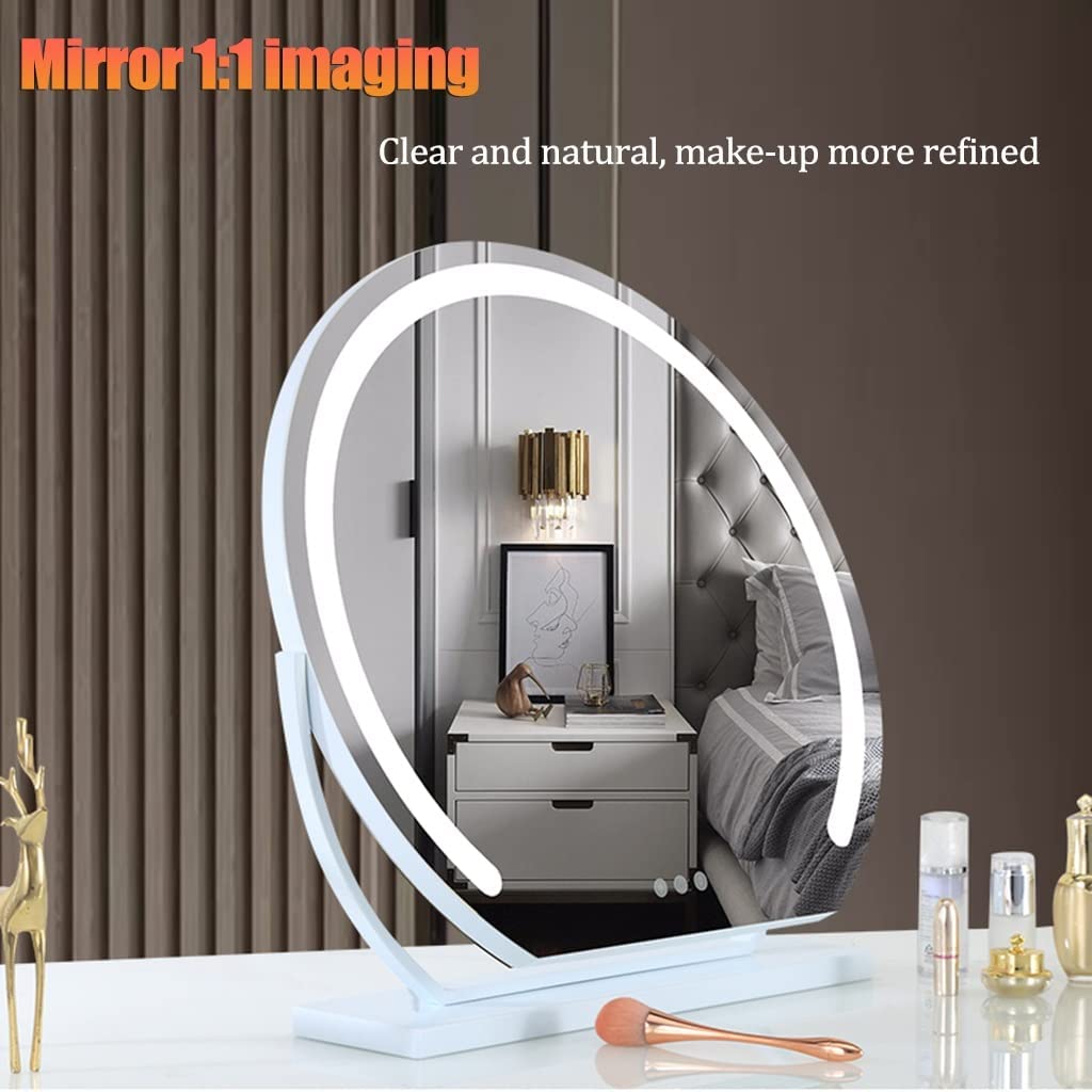 Silver Round Vanity Mirror - 60cm LED Light with 3 Color Modes, 360° Rotation