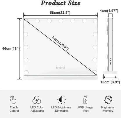 Large Vanity Mirror with Adjustable Dimmable LED Lighting - 58x46cm