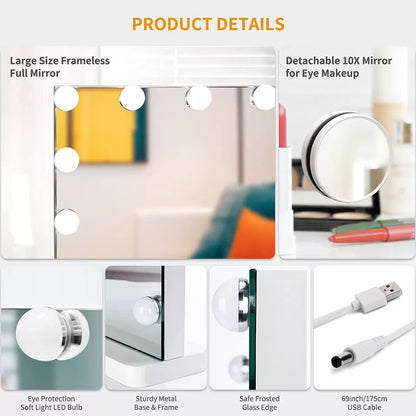 Large Vanity Mirror with Adjustable Dimmable LED Lighting - 58x46cm